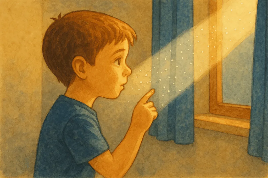 Child fascinated by dust floating in a beam of sunlight