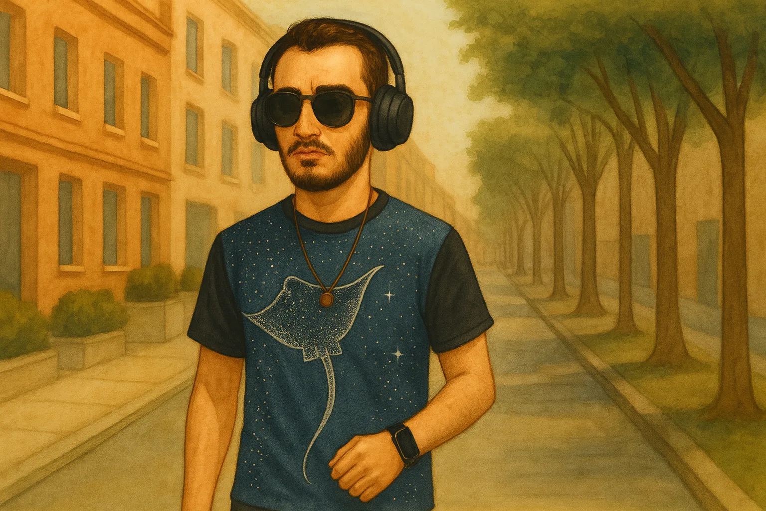 Marchant dans la rue avec mon casque et mes lunettes de soleil