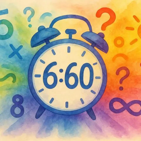 Multicolored (spectrum-style) illustration of an absurd alarm clock displaying 6:60, surrounded by symbols and numbers