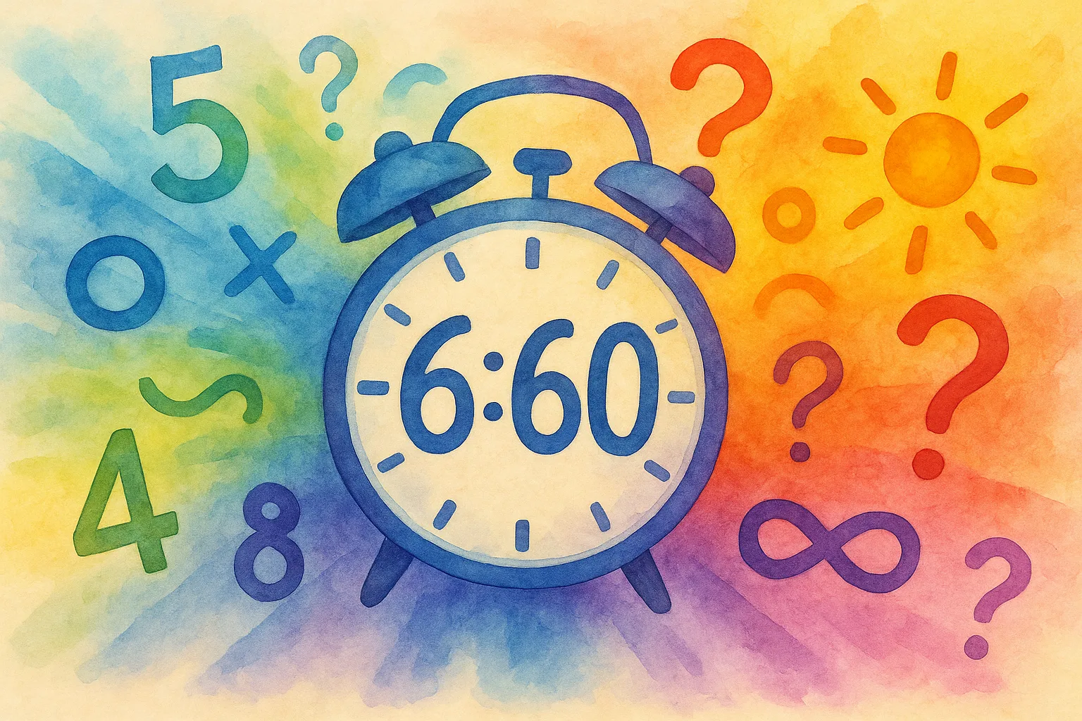 Multicolored (spectrum-style) illustration of an absurd alarm clock displaying 6:60, surrounded by symbols and numbers