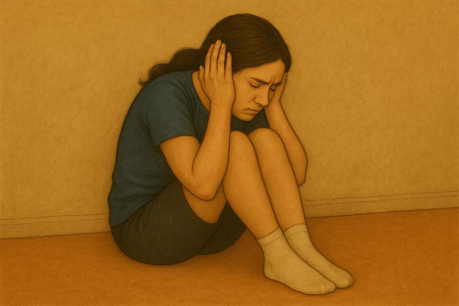 Illustration d'une femme assise recroquevillée en shutdown