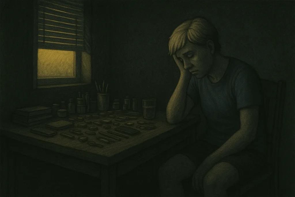 Illustration of an exhausted woman, sitting in the dark, her arm resting on a table with neatly aligned objects vs chaos