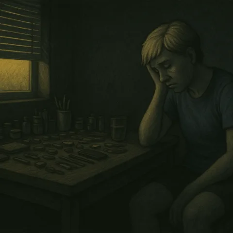 Illustration of an exhausted woman, sitting in the dark, her arm resting on a table with neatly aligned objects vs chaos