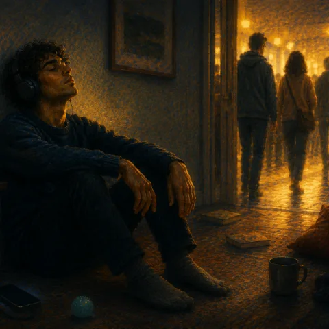 Man sitting with his headphones on, head against the wall, in a dark room