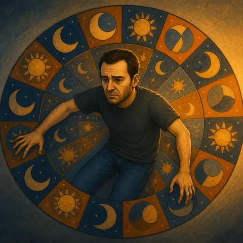 Illustration of a man trapped inside a carnival-style spinning wheel symbolizing the cycles of bipolar disorder