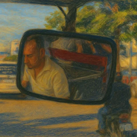 Edited illustration based on a photo of a tuk-tuk driver in his rear-view mirror