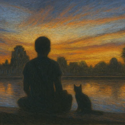 Reworked illustration of me sitting next to a cat in front of Angkor Wat