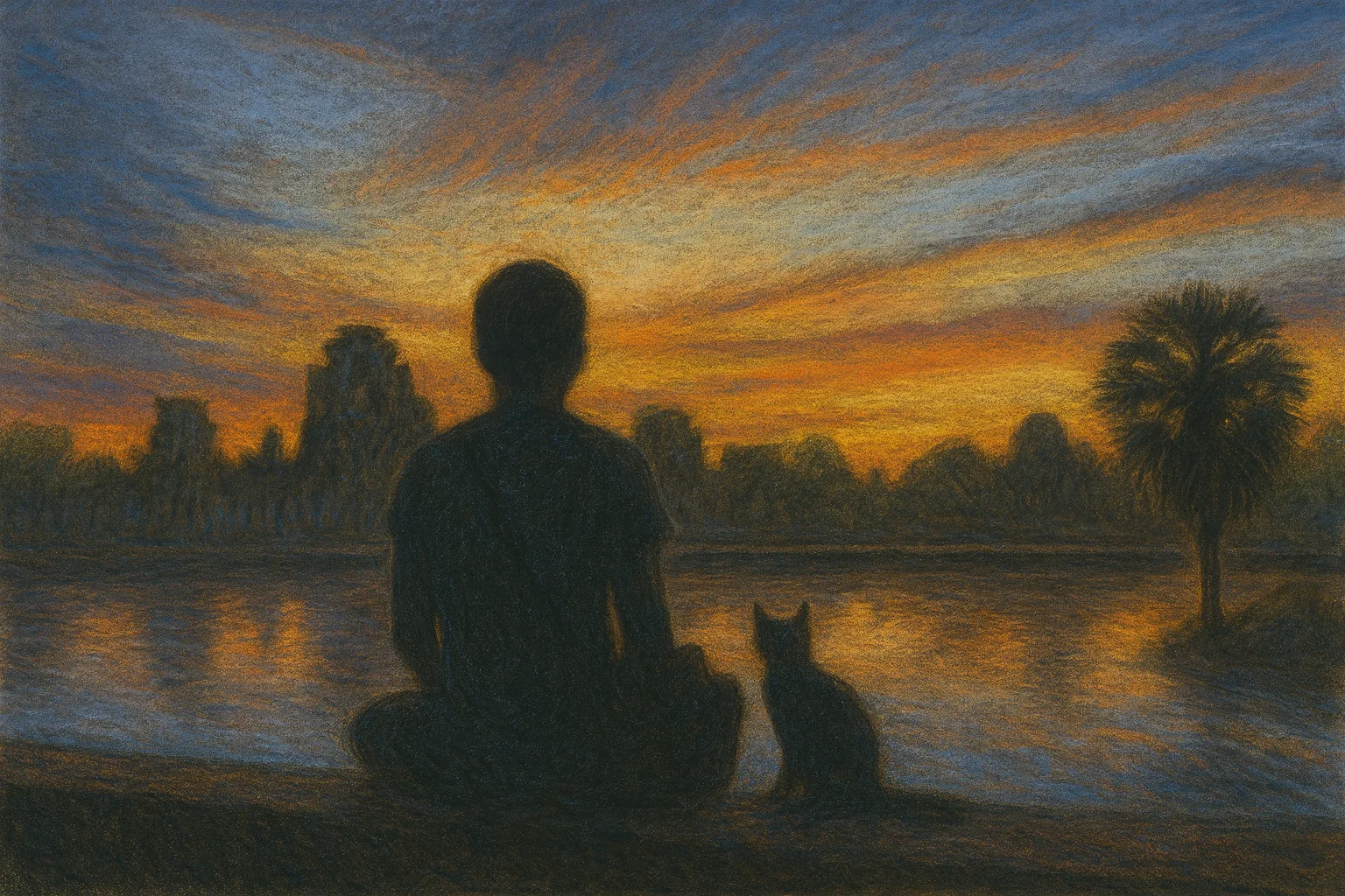 Reworked illustration of me sitting next to a cat in front of Angkor Wat