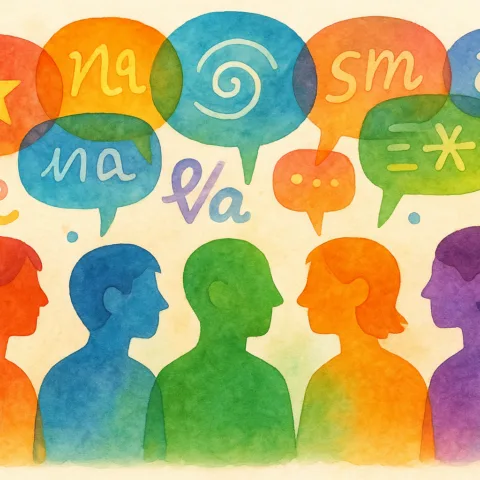 Illustration of multicolored neurodivergent characters with multicolored speech bubbles filled with symbols above them (lexicon)