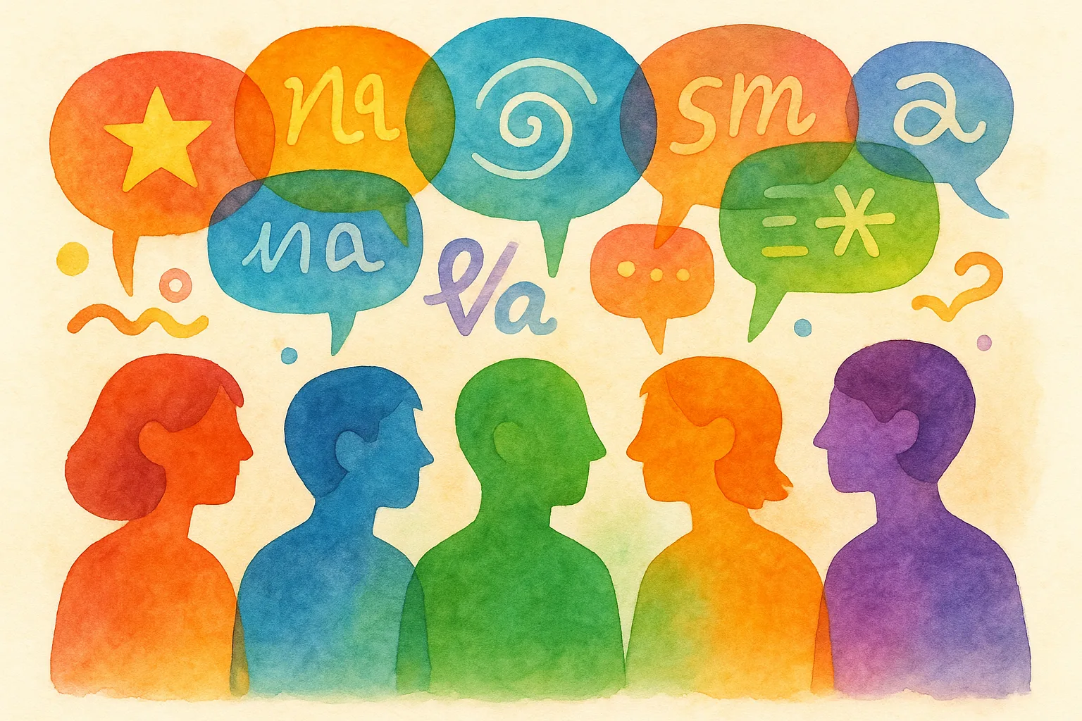 Illustration of multicolored neurodivergent characters with multicolored speech bubbles filled with symbols above them (lexicon)