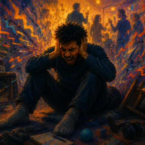 Man sitting down, screaming in the middle of a meltdown