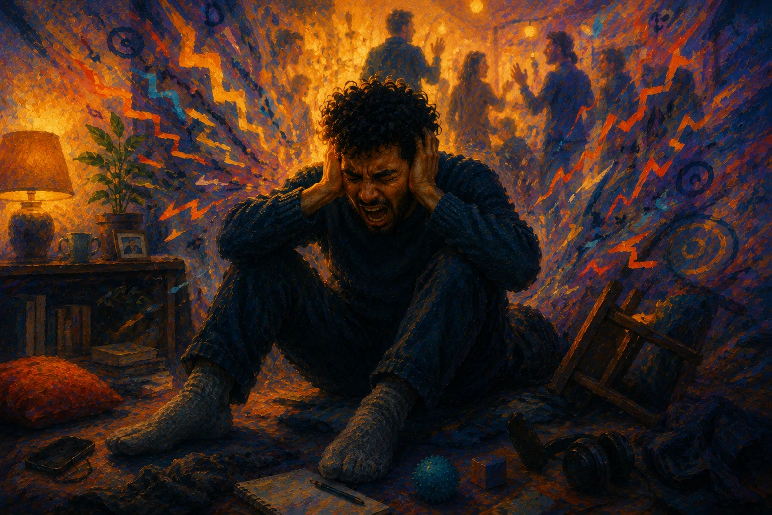 Man sitting down, screaming in the middle of a meltdown