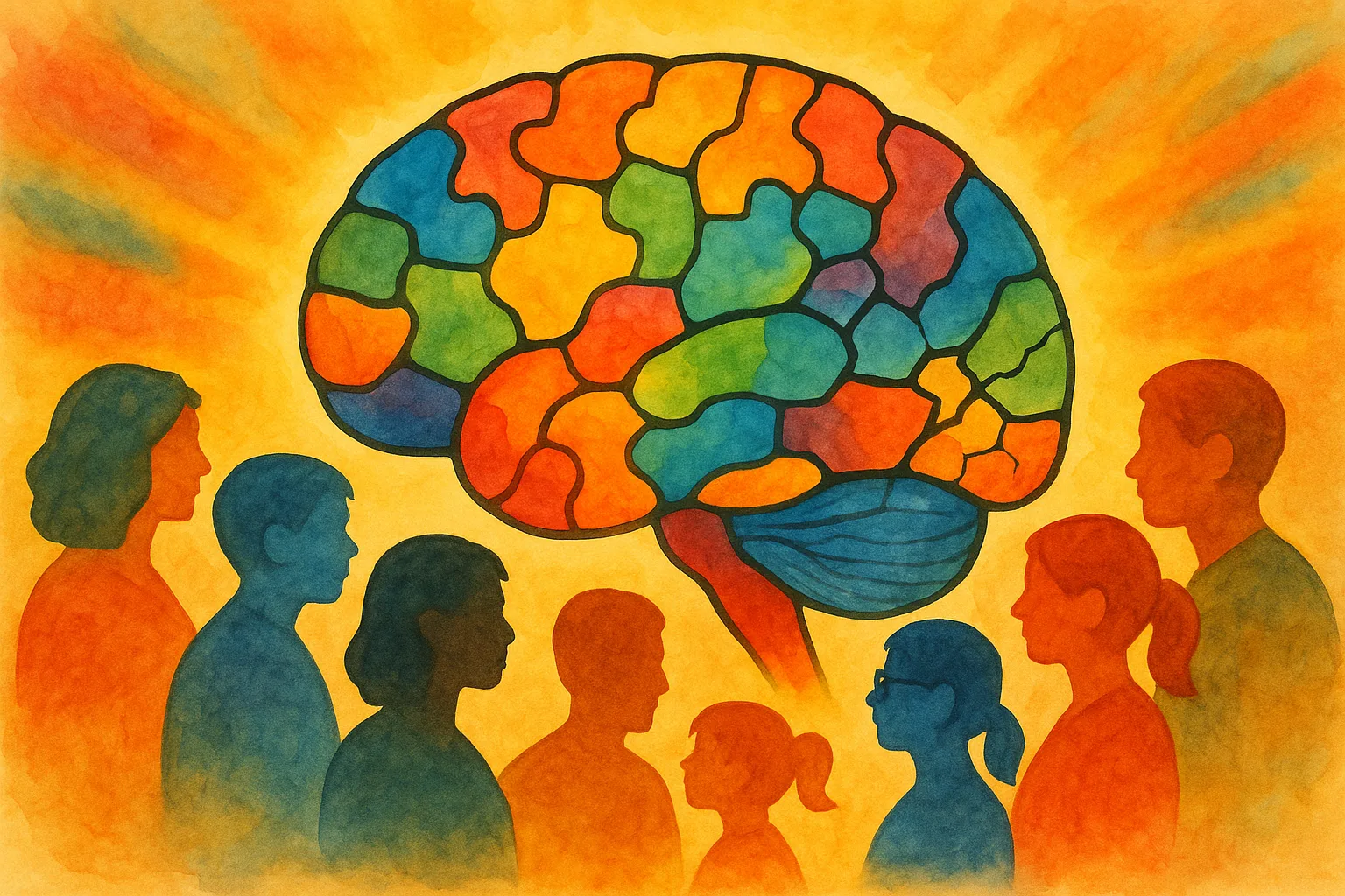 Representation of a multicoloured brain surrounded by silhouettes symbolising diversity and inclusion