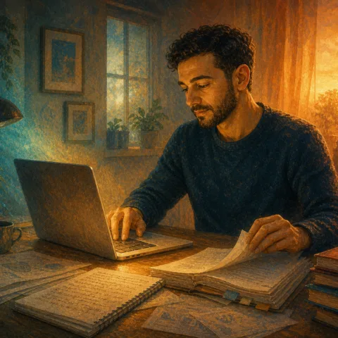 Man writing the first pages of his blog, surrounded by books, research papers and his manuscript at sunrise