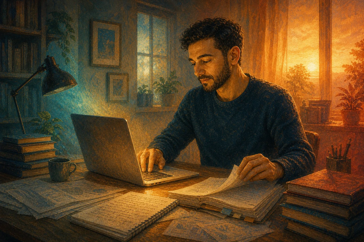 Man writing the first pages of his blog, surrounded by books, research papers and his manuscript at sunrise