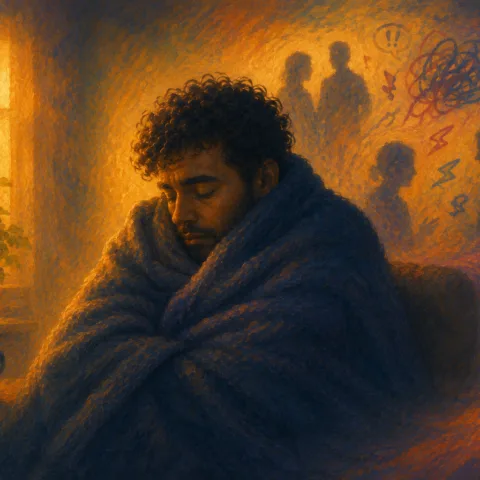 Illustration of a man under a blanket in the dark