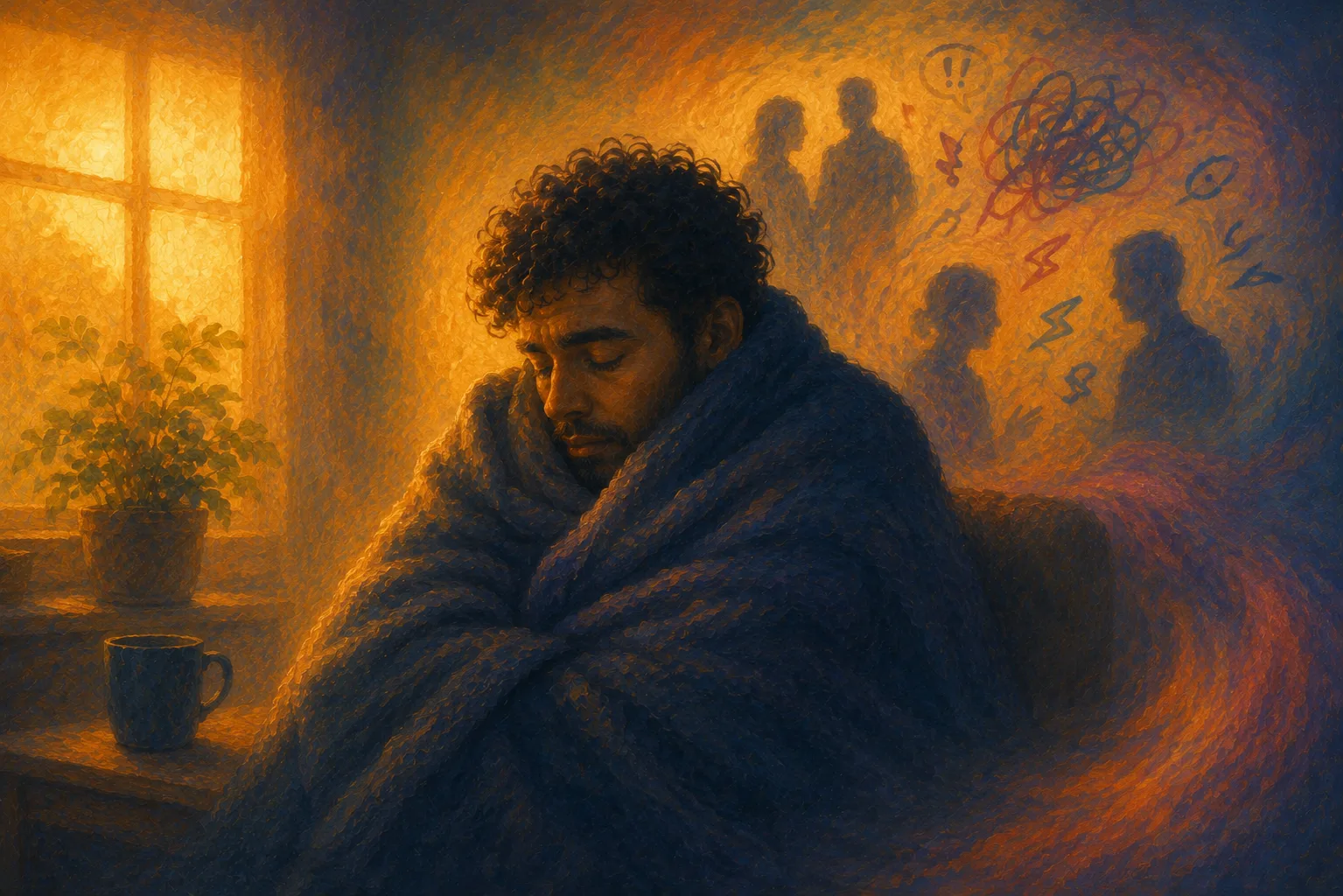 Illustration of a man under a blanket in the dark