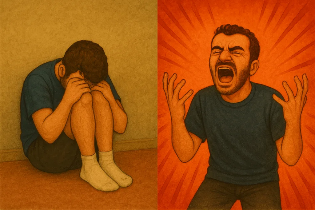 Illustration of a curled-up person (shutdown) vs someone in emotional distress (meltdown)
