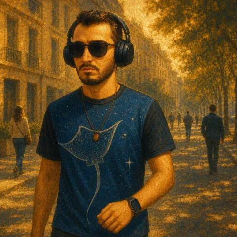 Walking down the street with my headphones and sunglasses on