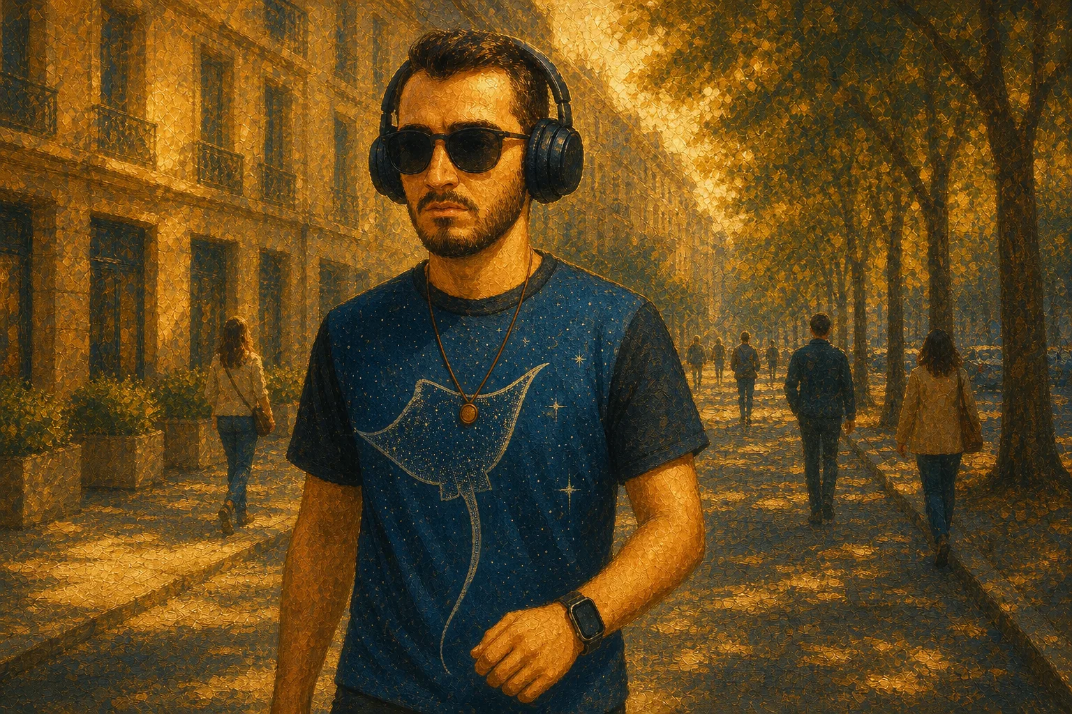 Walking down the street with my headphones and sunglasses on