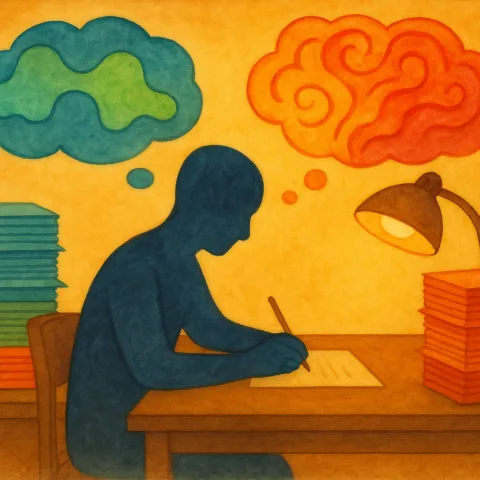 Man thinking and writing articles, with a tall stack on the left (autism) and a shorter stack on the right (bipolar disorder)