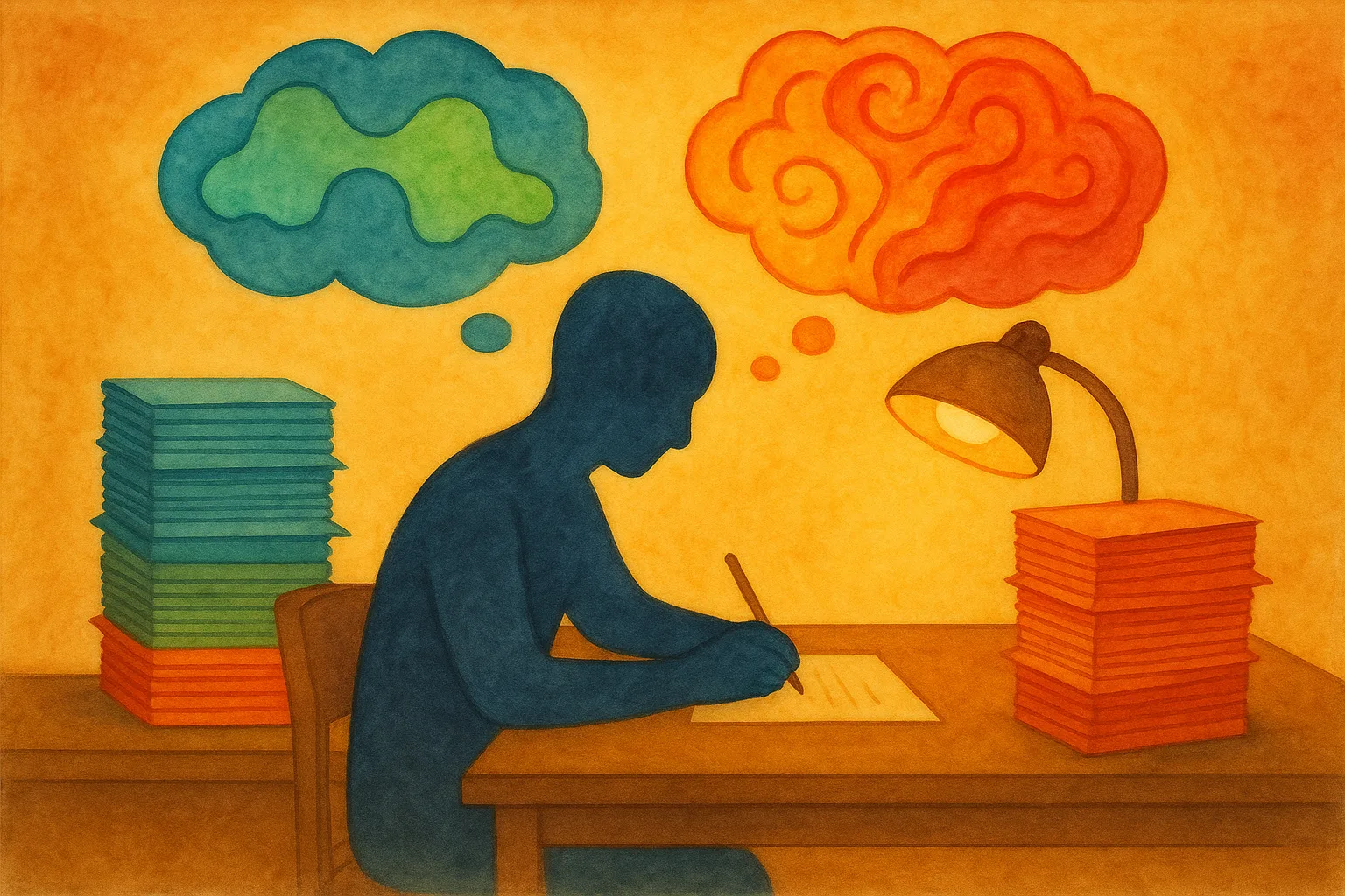 Man thinking and writing articles, with a tall stack on the left (autism) and a shorter stack on the right (bipolar disorder)