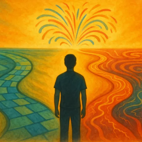 Illustration of a steady blue path (autism) and a chaotic red path (bipolar disorder) that burst into fireworks on the horizon