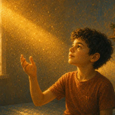 Child watching dust motes dancing in the sunlight