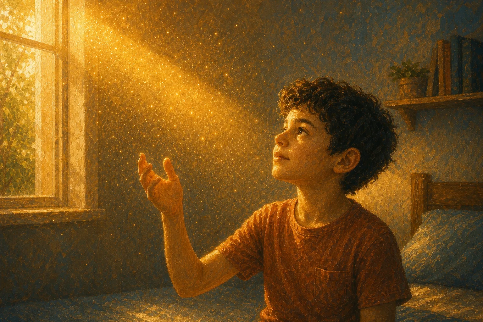 Child watching dust motes dancing in the sunlight