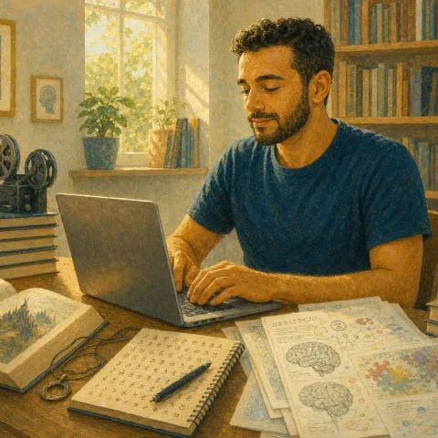 Man focused on his laptop, surrounded by books, notes, and objects related to his special interests
