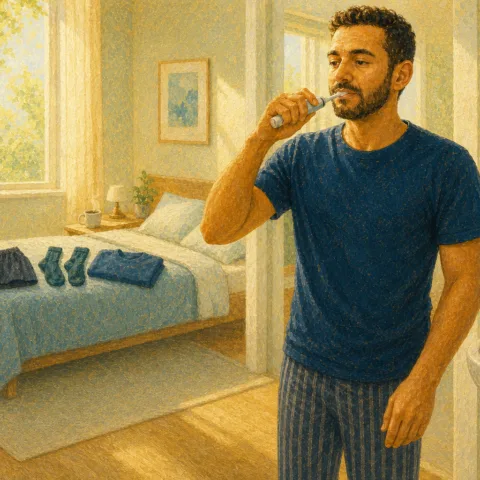Man brushing his teeth in front of a made bed with his clothes neatly laid out