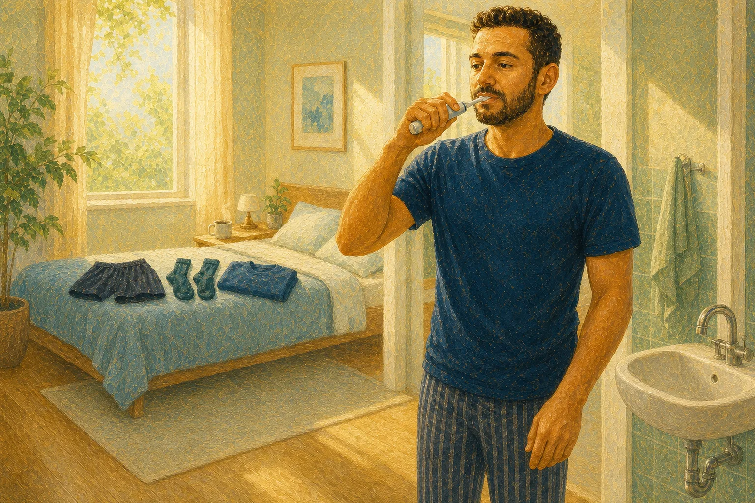 Man brushing his teeth in front of a made bed with his clothes neatly laid out