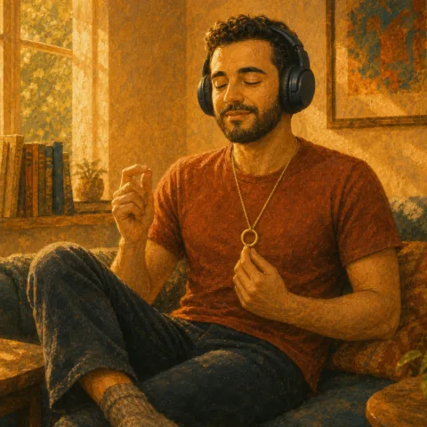 Man stimming by playing with his pendant, moving his fingers, and listening to music