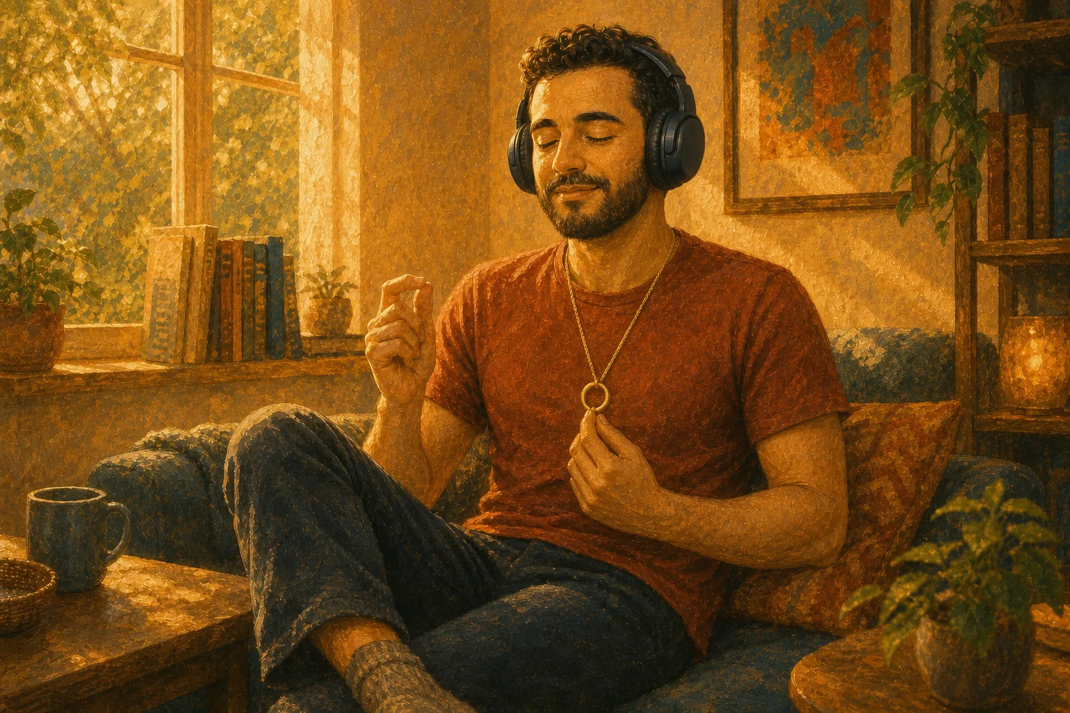 Man stimming by playing with his pendant, moving his fingers, and listening to music