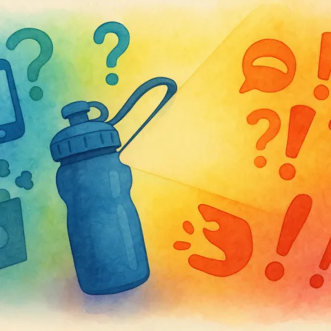 Illustration of a water bottle projecting a film, surrounded by symbols representing sensory chaos in a movie theater, on a multicolored background