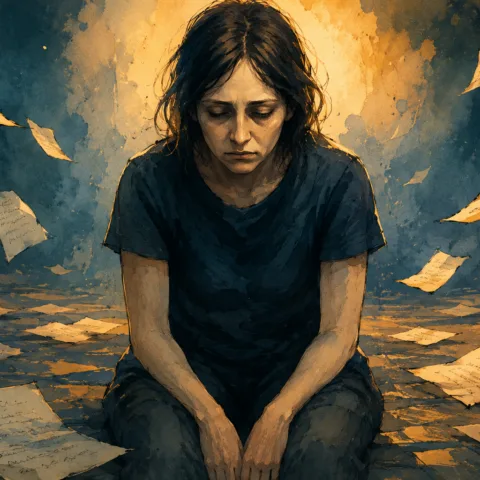 Illustration of a depressed woman, seated, hands between her legs against a dull background
