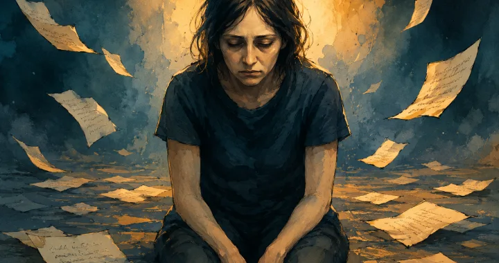 Illustration of a depressed woman, seated, hands between her legs against a dull background