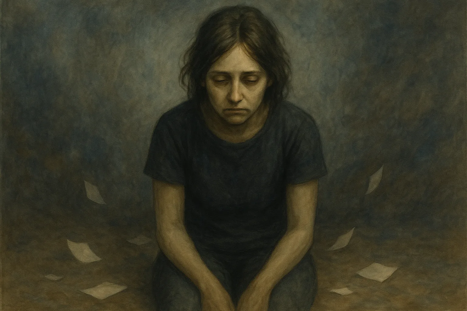 Illustration of a depressed woman, seated, hands between her legs against a dull background