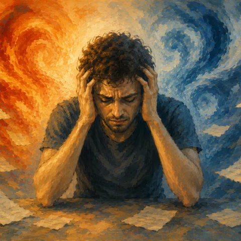 Illustration of a character torn between mania and depression (tense and euphoric face)