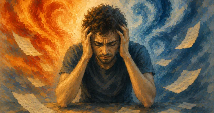 Illustration of a character torn between mania and depression (tense and euphoric face)