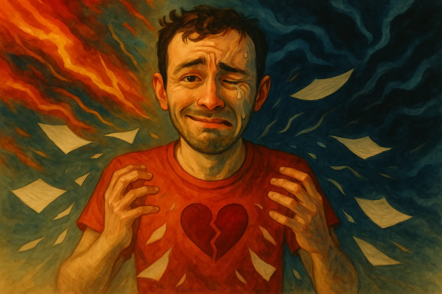 Illustration of a character torn between mania and depression (tense and euphoric face)