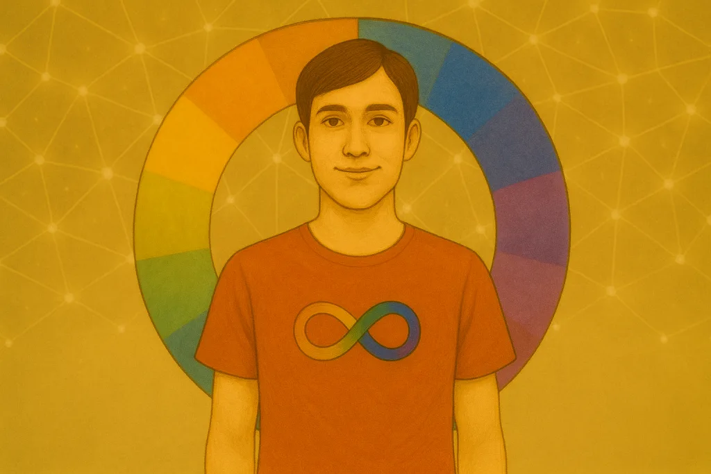 Autistic man in front of a multicolored circle representing the spectrum