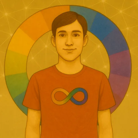 Autistic man in front of a multicolored circle representing the spectrum