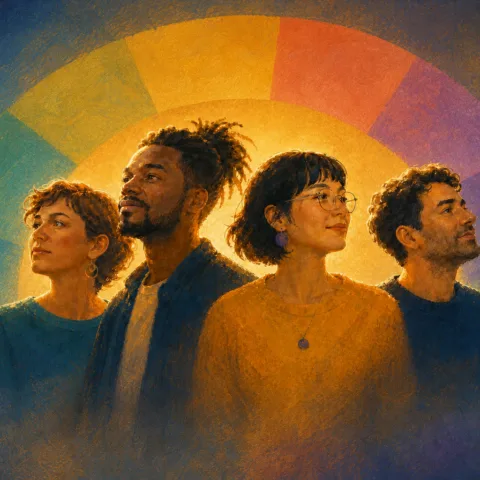 Four autistic people with diverse profiles standing in front of a multicolored ring symbolizing the diversity of the autism spectrum