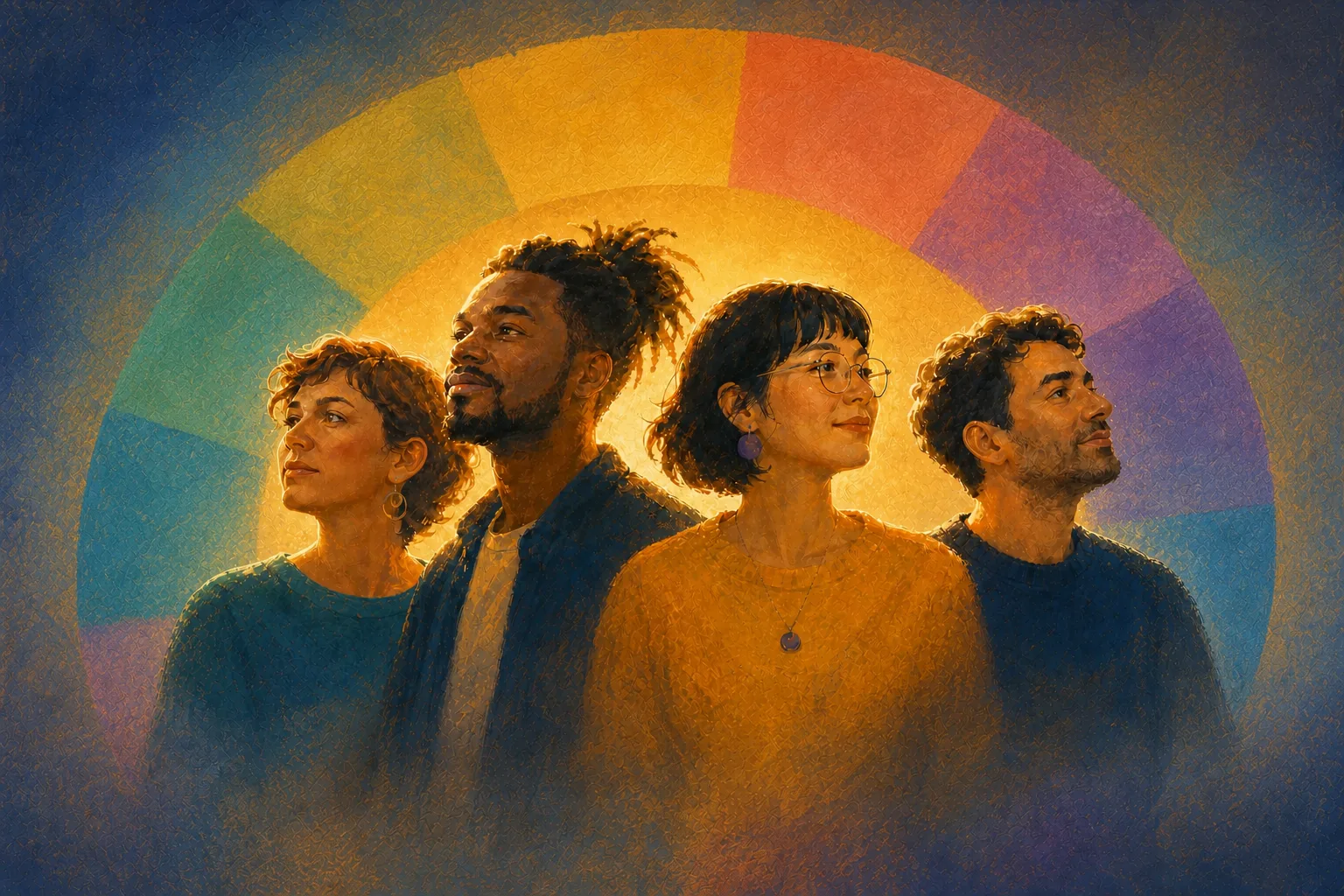 Four autistic people with diverse profiles standing in front of a multicolored ring symbolizing the diversity of the autism spectrum