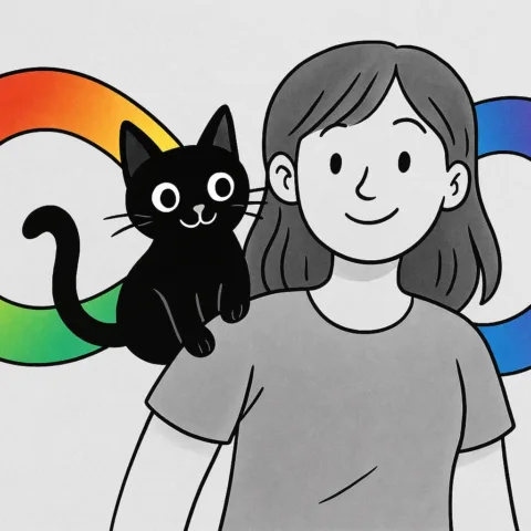 Woman with a cat on her shoulder in front of the multicolored infinity symbol representing autism