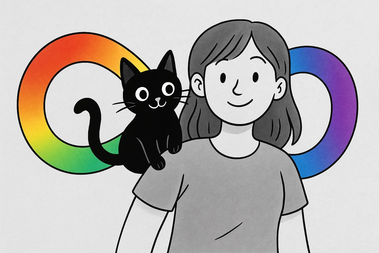 Woman with a cat on her shoulder in front of the multicolored infinity symbol representing autism
