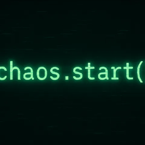 Illustration of chaos.start() as a line of code on a glitchy background