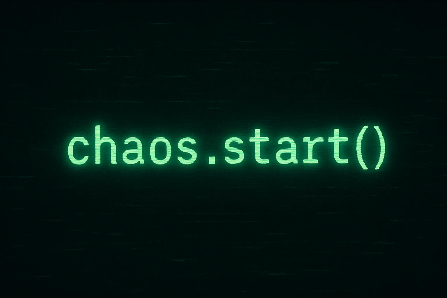 Illustration of chaos.start() as a line of code on a glitchy background