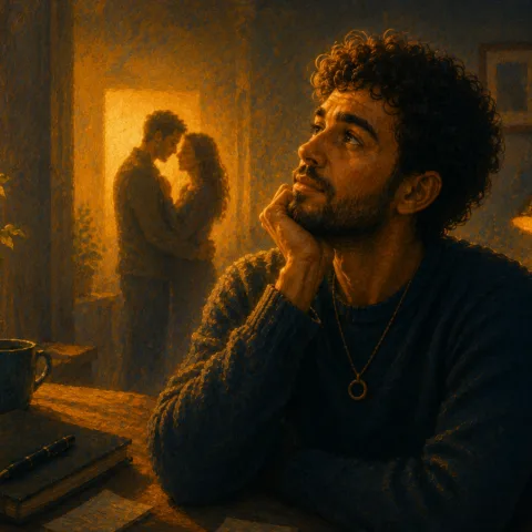 A dreamy man, with a couple in the background